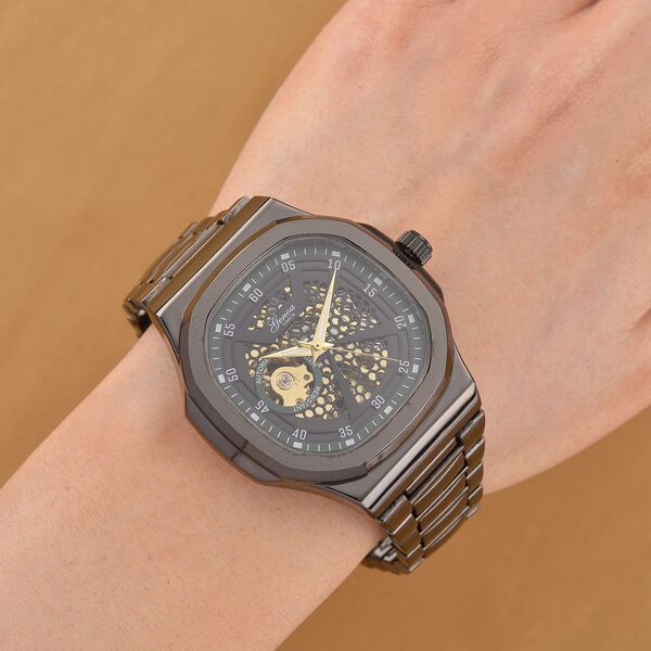 GENOA - Automatikuhr mit Skelett-Design, Edelstahlarmband, 3ATM wasserdicht, Grünes Zifferblatt, Schwarzplattierung, ca. 20 cm image number 2