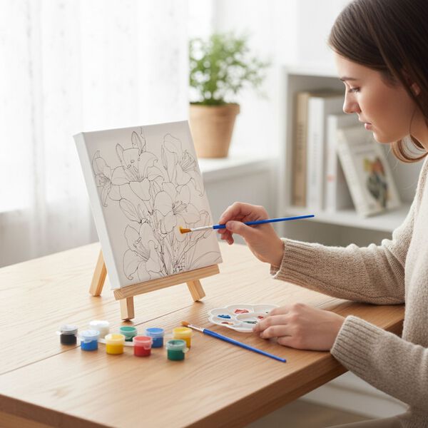 Leinwand-Malset - 3-teiliges Set mit Rosen-, Gänseblümchen- und Lilienmotiv, inklusive Farben, Mischpalette und Pinseln image number 2