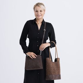 2er-Set Echtleder-Taschen, Shopper und Umh&auml;ngetasche mit trendigem Leopardenmuster, Dunkelbraun