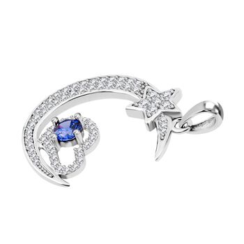 LUSTRO STELLA - Blauer Zirkonia, Wei&szlig;er Zirkonia Mond und Stern Anh&auml;nger 925 Silber rhodiniert