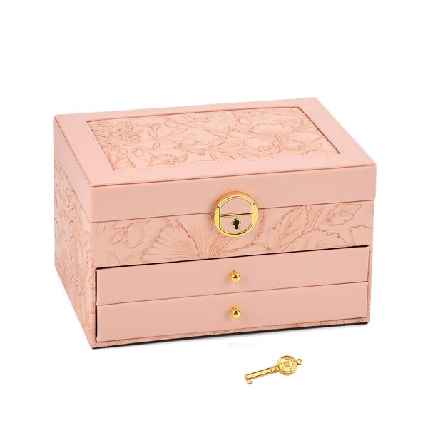 3-lagige PU Schmuckk&auml;stchen mit gepr&auml;gtem Blumenmuster, 22x17x13 cm, Rosa image number 3