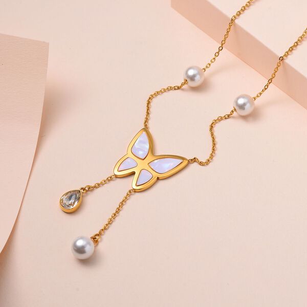 Wei&szlig;er Kristall, Wei&szlig;e Muschelkernperle Halskette ca. 50 cm Reiner Edelstahl IP-Gelbbeschichtung image number 2