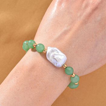 Gr&uuml;ner Aventurin, Wei&szlig;e Keshi Perle Armband, ca. 18cm mit 5cm extender, Reine Legierung goldfarben