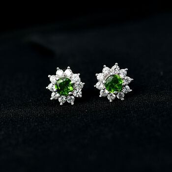 Nat&uuml;rlicher Chromdiopsid, Wei&szlig;er Zirkon Ohrringe 925 Silber ca. 1.16 ct