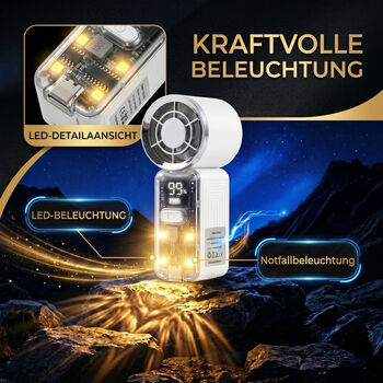 LIVMORE High Speed Mini Taschenventilator mit LED Licht, 3000 mAh Akku, 6 Geschwindigkeitsstufen, Wei&szlig;