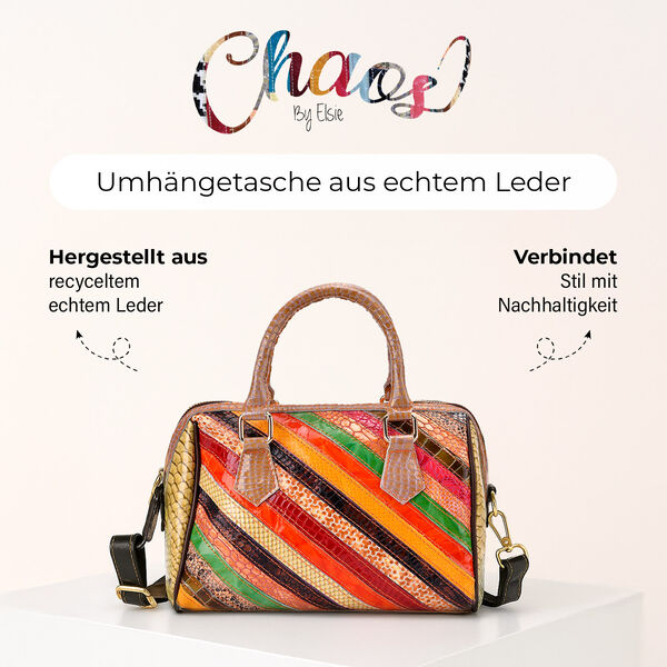 Chaos by Elsie Echtleder Streifenmuster Crossbody Tasche mit RFID-Schutz und Mini-Taschenlampe und LA MAREY Schal aus 100% Maulbeerseide image number 3