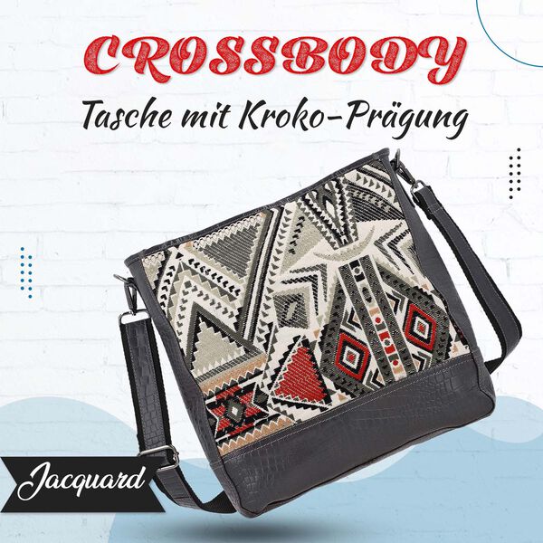 Crossbody Bag mit Krokopr&auml;gung aus echtem Leder und Jacquard mit Laptop-H&uuml;llen, schwarz image number 7