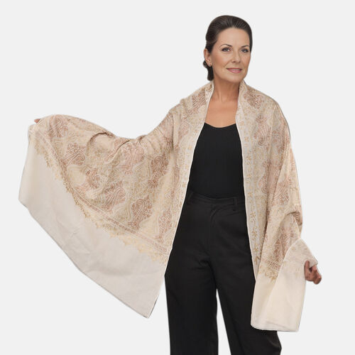 Premium Kollektion: Bestickter Schal aus Merinowolle und Naturseide, 70 x 190 cm, elfenbein image number 0