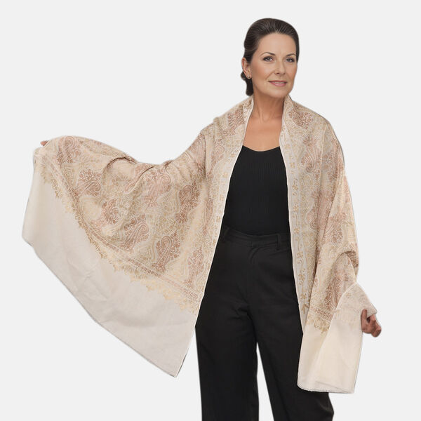 Premium Kollektion: Bestickter Schal aus Merinowolle und Naturseide, 70 x 190 cm, elfenbein