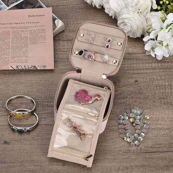 Samt-Schmuckbox mit 4 transparenten Schmuckbeuteln, 12x12x7 cm, Rosa