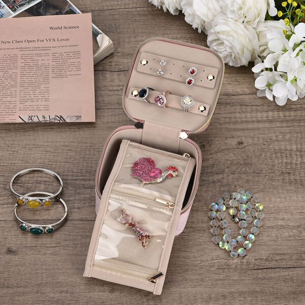 Samt-Schmuckbox mit 4 transparenten Schmuckbeuteln, 12x12x7 cm, Rosa image number 2