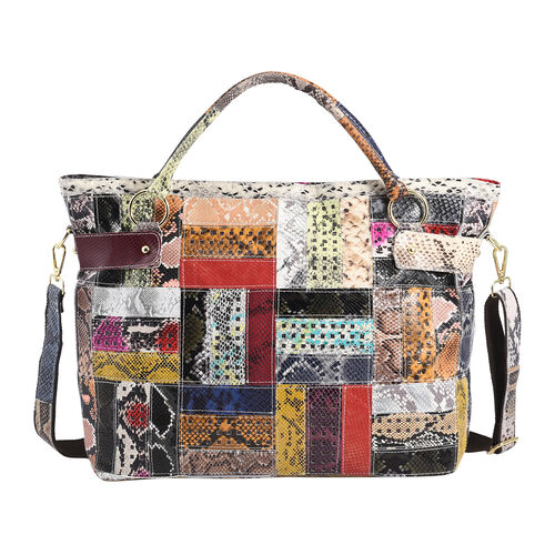 Chaos by Elsie: Patchwork Schultertasche aus 100% echtem Leder mit RFID Schutz, Größe 43x15x32 cm, Punkt-Muster image number 0