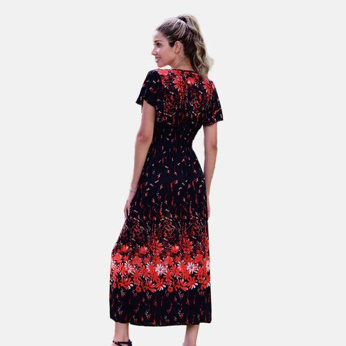 Gesmoktes Maxi-Kleid, Blumenmuster, Schwarz image number 1