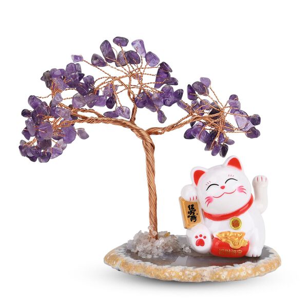 LIVMORE Solar Edelstein Gl&uuml;ckskatze Dekoration mit Achatbasis und 108 Amethyst Steinen ca. 11 cm Lila