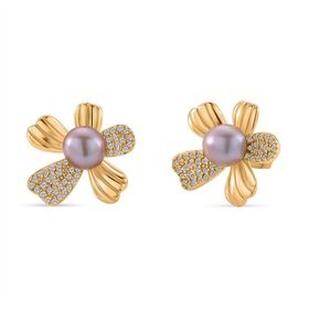 Lila Süßwasser Perle, Weißer Zirkonia Ohrringe Nickelfreies Messing Standard 5.00 ct