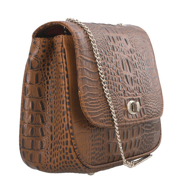 Umh&auml;ngetasche aus echtem Leder mit Kroko-Pr&auml;gung und Kettenriemen, Braun image number 3