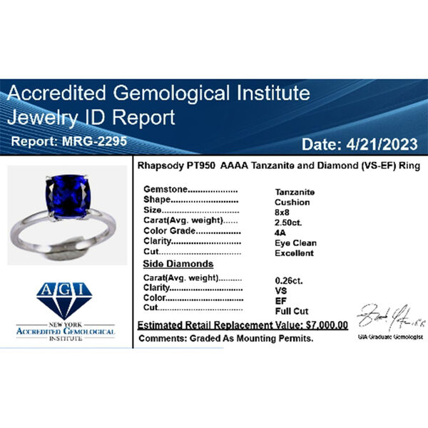 RHAPSODY zertifiziert und geprüft AAAA Tansanit und VS-EF Diamant Ring in 950 Platin - 2,76 ct. image number 9