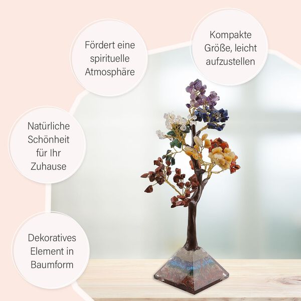 LIVMORE Edelsteinbaum mit Orgonit Basis, Sieben Chakren, 23cm, 230 Perlen, Mehrfarbig image number 6