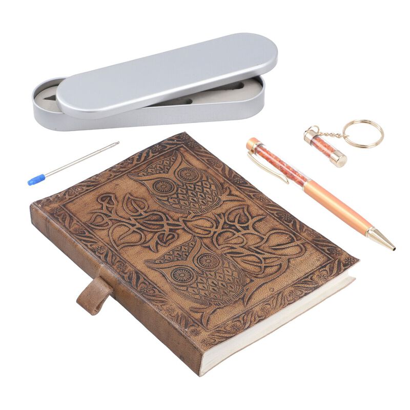 3er Set - Notizbuch mit Einband aus 100% echtem Leder, Kugelschreiber und Schlüsselanhänger gefüllt mit echtem Feueropal image number 0