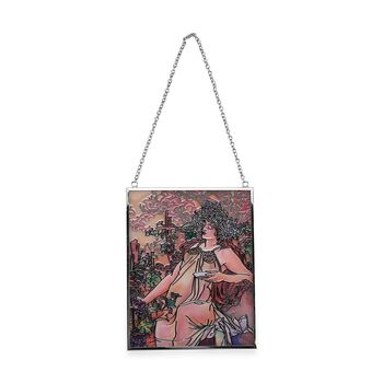 Handbemalter Glas Suncatcher mit Kette, silberfarbenem Rahmen, Alphonse Mucha Motiv Herbst, 12x15 cm