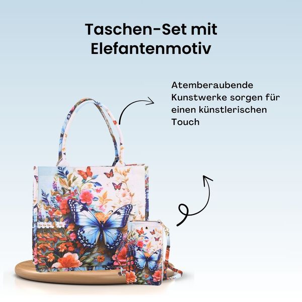 2-teiliges Taschenset - 40x12x35cm Shopper und 20x11x2cm Handytasche, Schmetterlingsmotiv image number 1
