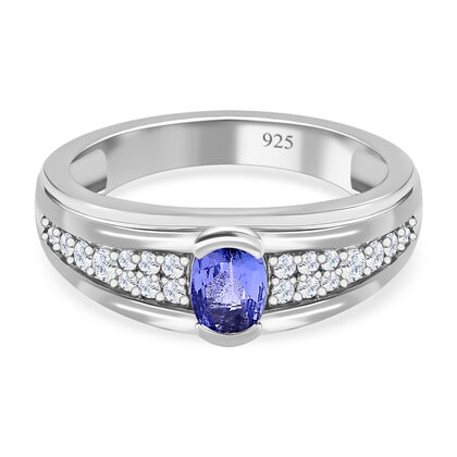 AAA Tansanit, wei&szlig;er Zirkon Ring, 925 Silber platiniert (Gr&ouml;&szlig;e 17.00) ca. 0.90 ct