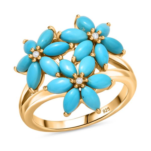 Bl&uuml;hende Blumen Sleeping Beauty T&uuml;rkis, Wei&szlig;er Zirkon Ring 925 Silber 750 Gelb Vergoldet (Gr&ouml;&szlig;e 17.00) ca. 2,39 ct image number 4
