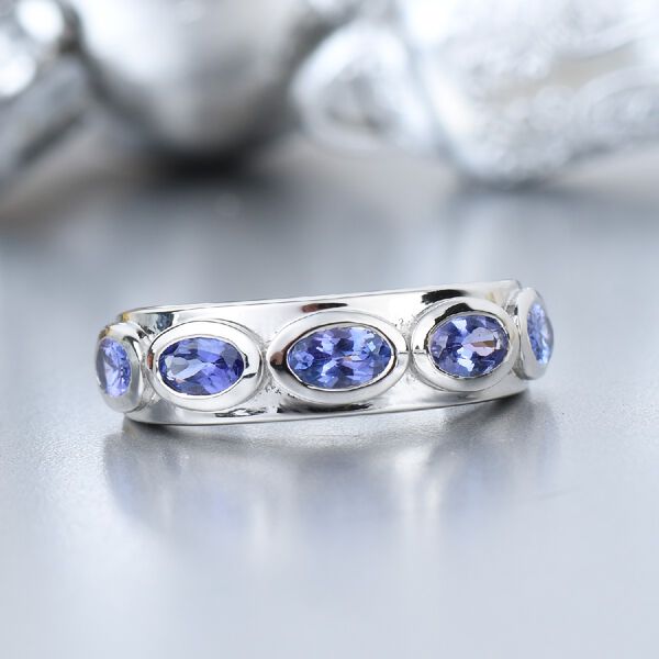 AA Tansanit 5 Stein Ring 925 Silber Platin-Überzug image number 2