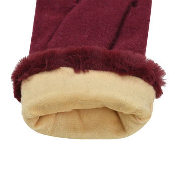 LA MAREY - Kaschmirwolle Handschuhe mit Kunstfell Bord&uuml;re, Burgunderrot