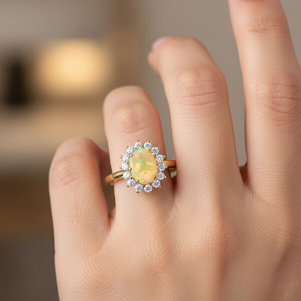 D'Joy Nat&uuml;rlicher, &auml;thiopischer Welo Opal, Moissanit Ring 925 Silber Vergoldet (Gr&ouml;&szlig;e 18.00) ca. 1.28 ct image number 2