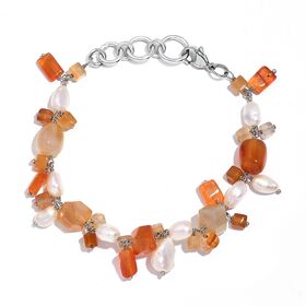 Mehrfarbiges Achat, Karneol und weißes Süßwasserperle-Armband, 18,5 cm - 60,84 ct.
