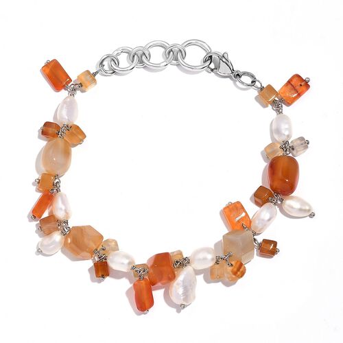 Mehrfarbiges Achat, Karneol und weißes Süßwasserperle-Armband, 18,5 cm - 60,84 ct. image number 0