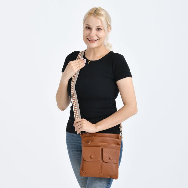 Umh&auml;ngetasche aus feinem Lederimitat mit mehreren Taschen, 120cm Trageriemen, 24x27cm, Braun image number 3