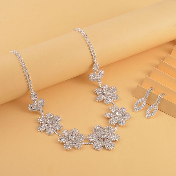 2er Set Wei&szlig;er Kristall Halskette und Ohrh&auml;nger, silberfarben image number 1