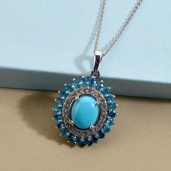 Amerikanischer, nat&uuml;rlicher Sleeping Beauty T&uuml;rkis, Neon Apatit und Zirkon-Anh&auml;nger mit Kette, 50 cm - 3,16 ct. image number 3