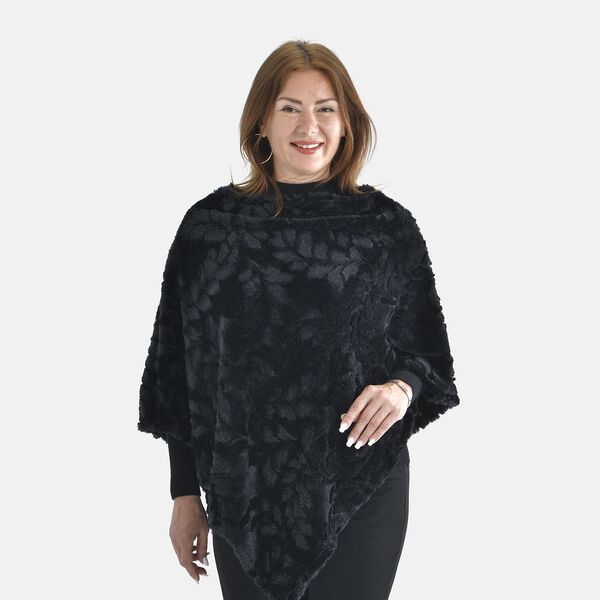 Kunstfell Poncho mit Blattmuster, Schwarz image number 4