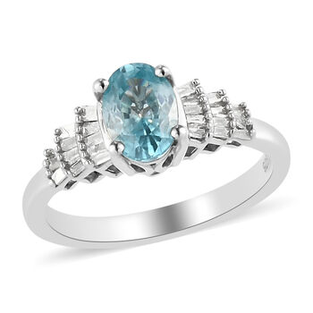 Kambodschanischer, blauer Zirkon und Diamant-Ring, 925 Silber platiniert  ca. 1,38 ct