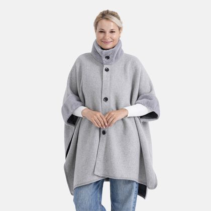 LA MAREY - Signature Kunstfell-Poncho mit Pl&uuml;schkragen und Umschlag&auml;rmeln, Einheitsgr&ouml;&szlig;e, Silbergrau