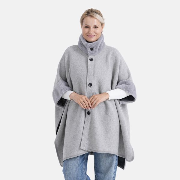 LA MAREY - Signature Kunstfell-Poncho mit Plüschkragen und Umschlagärmeln, Einheitsgröße, Silbergrau image number 0