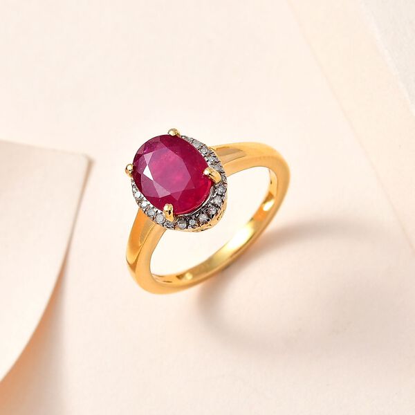 Afrikanischer Rubin (Fissure gef&uuml;llt), Wei&szlig;er Diamant Ring, 925 Silber Gelbgold Vermeil (Gr&ouml;&szlig;e 16.00) ca. 2.69 ct image number 2