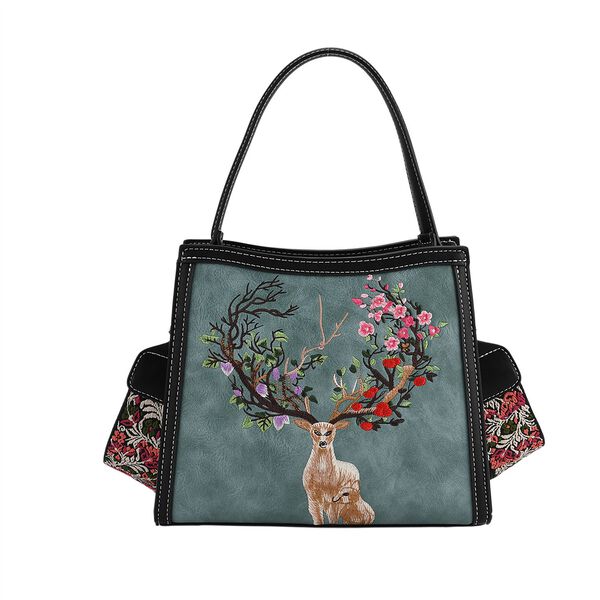 "PU Embroidered crossbody bag Color: Blue Size:  25*11*21cm   Wall: PU Lining: Polyester Exterior:zipped-1,pocket-1 Interior: zipped-2,slid-1 Long Shoulder strap:130cm " image number 4