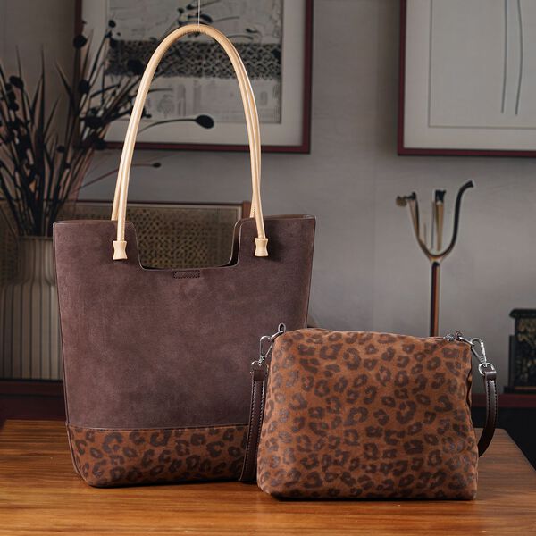 2er-Set Echtleder-Taschen, Shopper und Umhängetasche mit trendigem Leopardenmuster, Dunkelkaffee image number 2