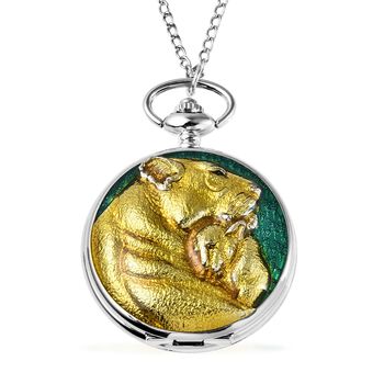 STRADA Taschenuhr mit 79cm Kette im L&ouml;we und L&ouml;wenbaby Motiv, Japanisches Uhrwerk