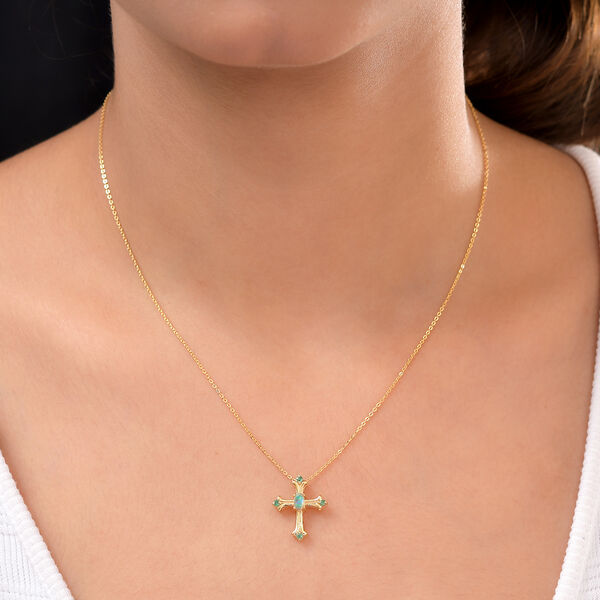 Nat&uuml;rlicher, &auml;thiopischer Opal und Smaragd Kreuz-Anh&auml;nger mit Kette in Silber image number 2