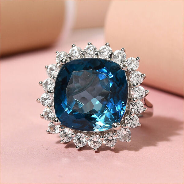 Premium London Blau Topas und Zirkon-Ring, 925 Silber platiniert  ca. 24,16 ct image number 2