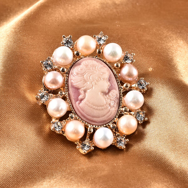 Mehrfarbige S&uuml;&szlig;wasserperlen und wei&szlig;e Kristall Brosche, goldfarben image number 1