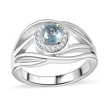 TUCSON FIND - Nat&uuml;rlicher AA Aqua Kyanit, Wei&szlig;er Zirkon Ring 925 Silber rhodiniert (Gr&ouml;&szlig;e 19.00) ca. 0.81 ct