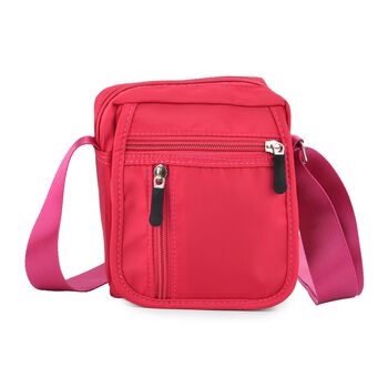 Umh&auml;ngetasche mit mehreren Rei&szlig;verschlussf&auml;chern und RFID-Schutz, Gr&ouml;&szlig;e 12,5x6x16 cm, Rosenrot