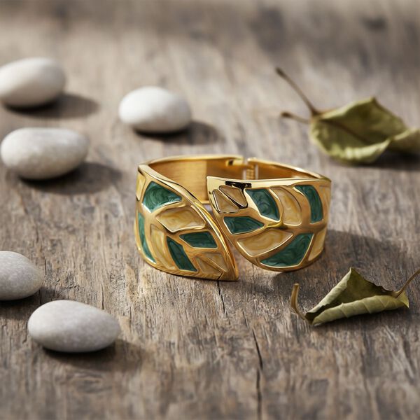 Emaille-Armband in Grün und Creme mit Blattmuster, ca. 17 cm image number 2