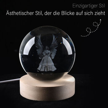 3D Kristallkugel mit LED-Licht und Holzsockel, Sch&uuml;tzender Engel